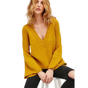 Free People Lovely Lines Pullover Wool Sweater Mustard Sunstone Combo SZ Medium